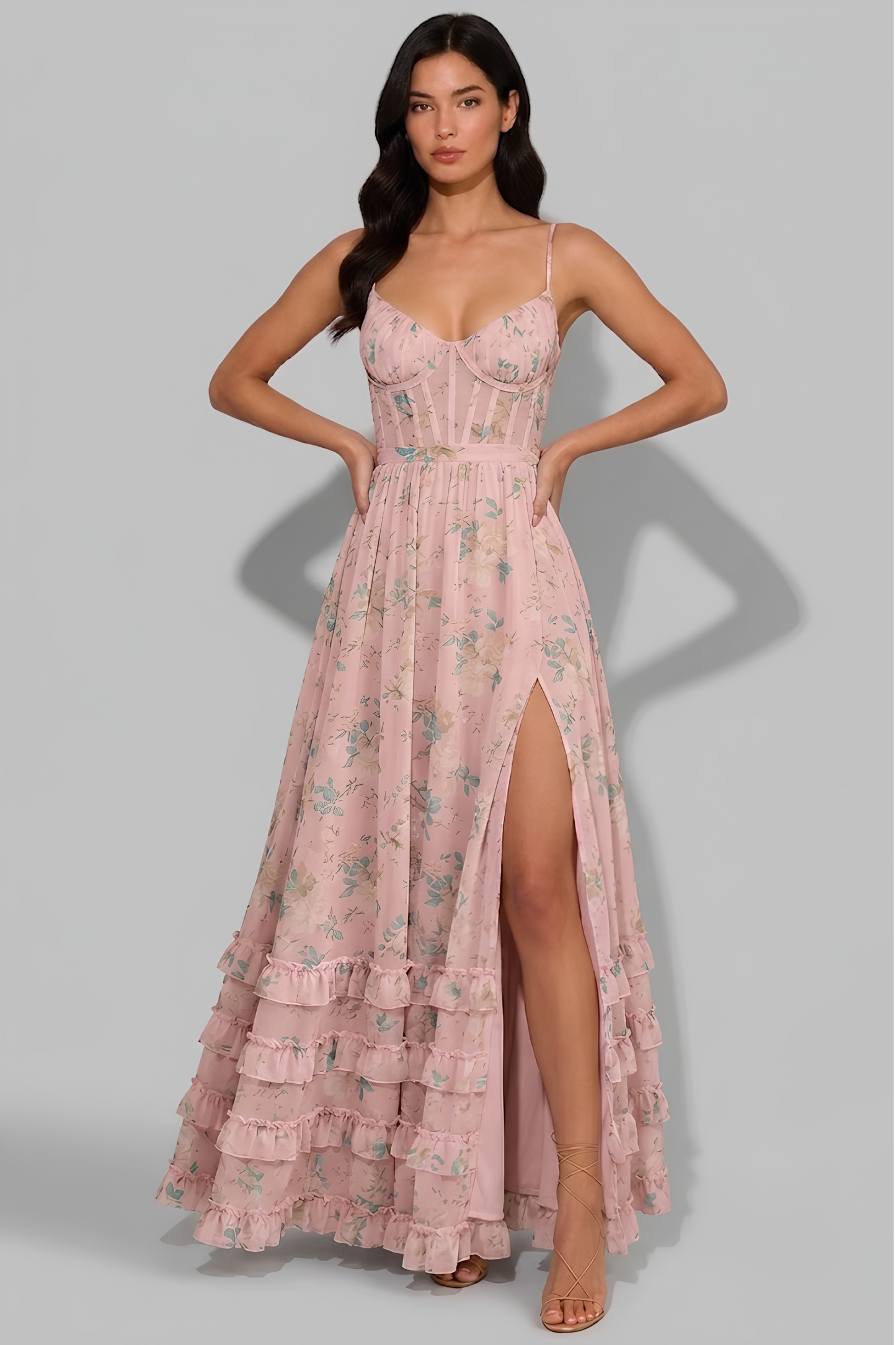 Virelle | Robe Longue Fleurie Avec Bustier Corset Et Volants