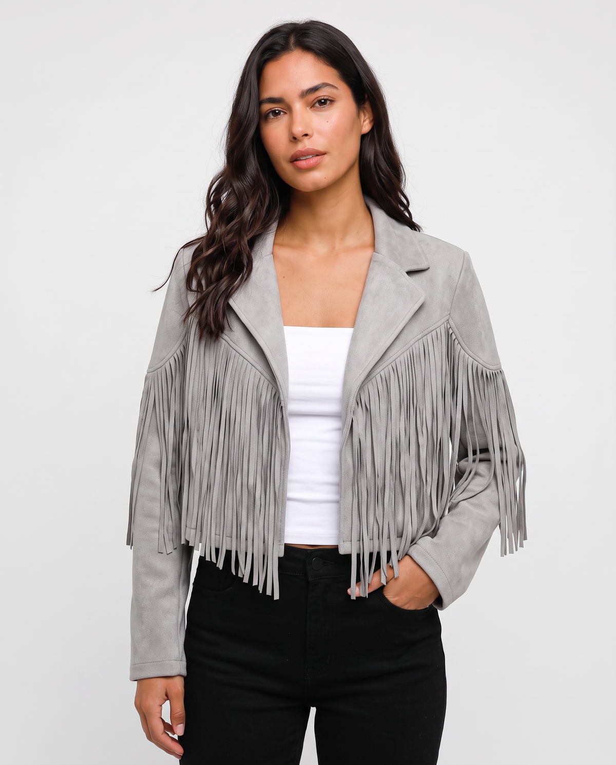 Virelle | Veste Femme Croppée à Franges en Suédine