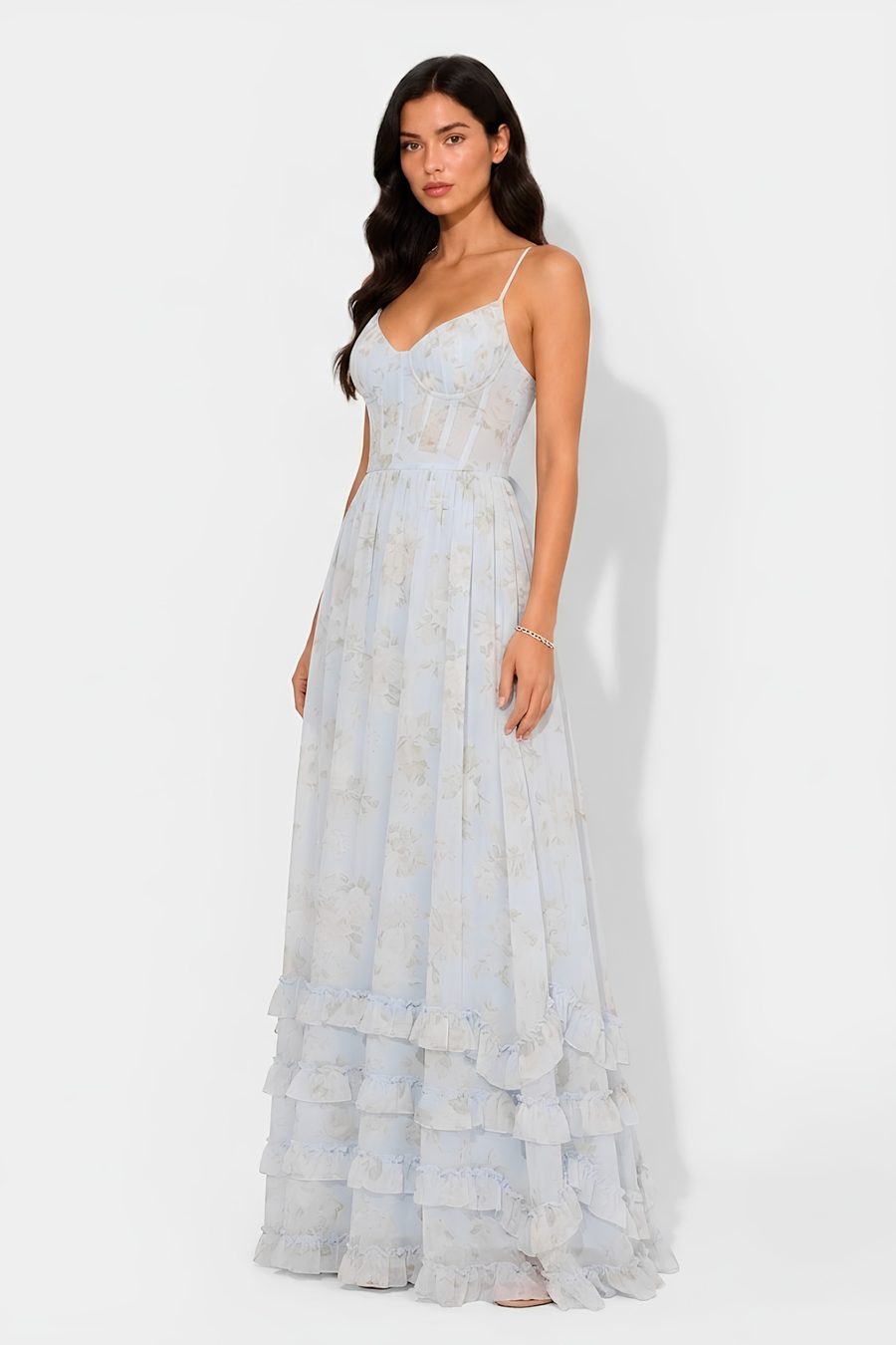 Virelle | Robe Longue Fleurie Avec Bustier Corset Et Volants