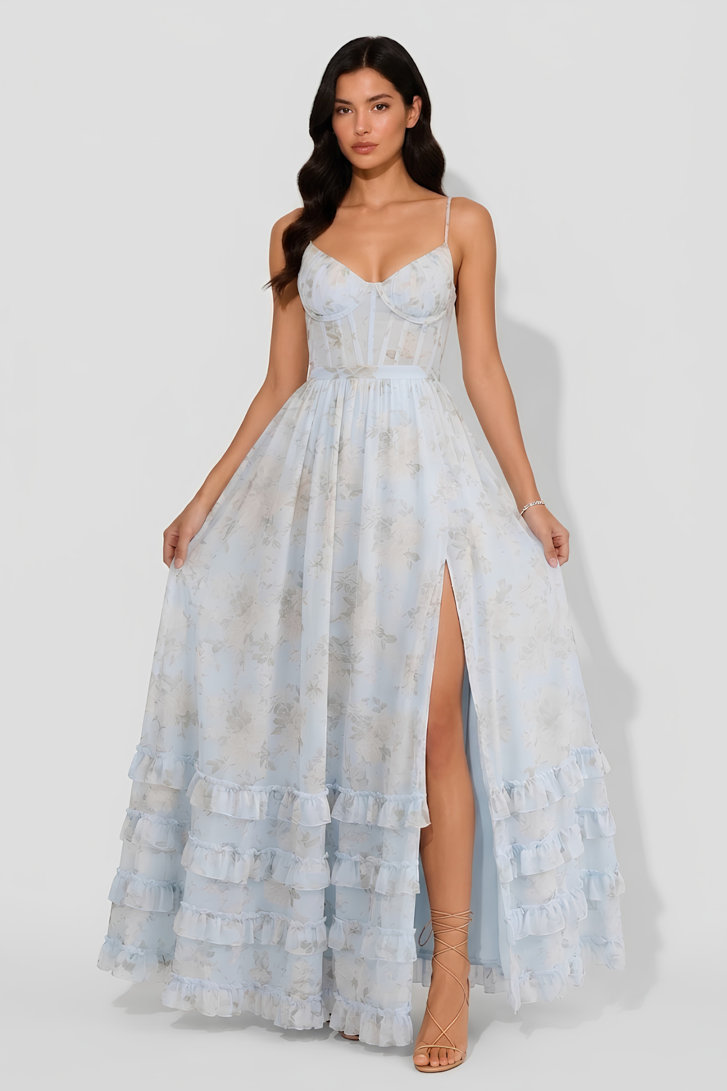 Virelle | Robe Longue Fleurie Avec Bustier Corset Et Volants