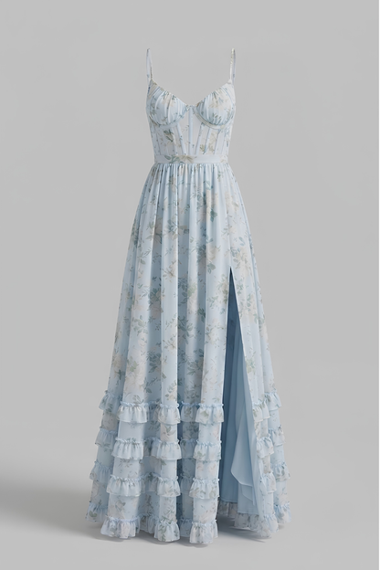 Virelle | Robe Longue Fleurie Avec Bustier Corset Et Volants