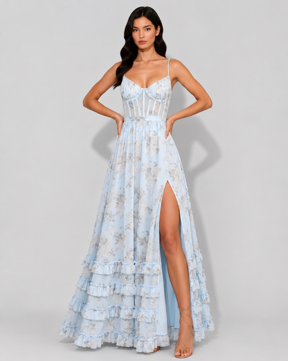 Virelle | Robe Longue Fleurie Avec Bustier Corset Et Volants