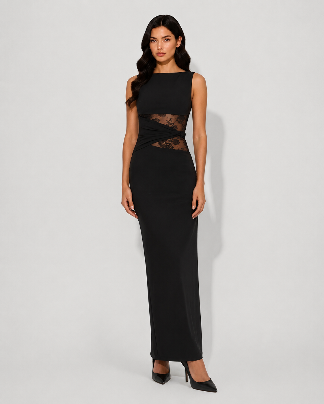 Virelle | Robe Longue Ajustée Avec Empiècements En Dentelle
