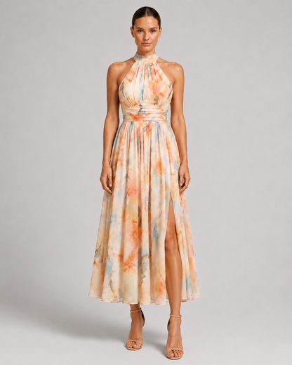 Virelle | Robe Longue À Col Halter Et Imprimé Aquarelle