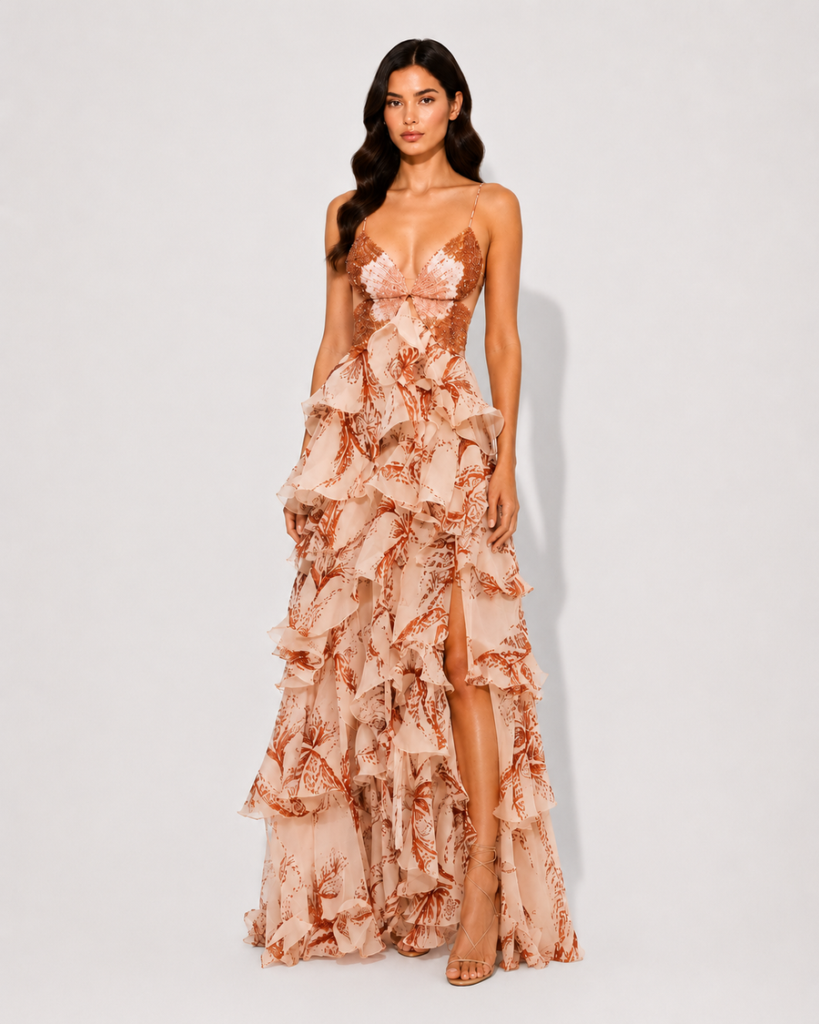 Virelle | Robe Longue À Volants Et Encolure Bijou