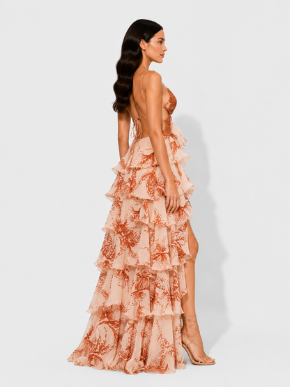 Virelle | Robe Longue À Volants Et Encolure Bijou