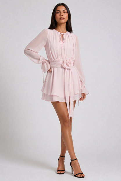 Virelle | Mini Robe Femme À Manches Longues Avec Détail Floral À La Taille