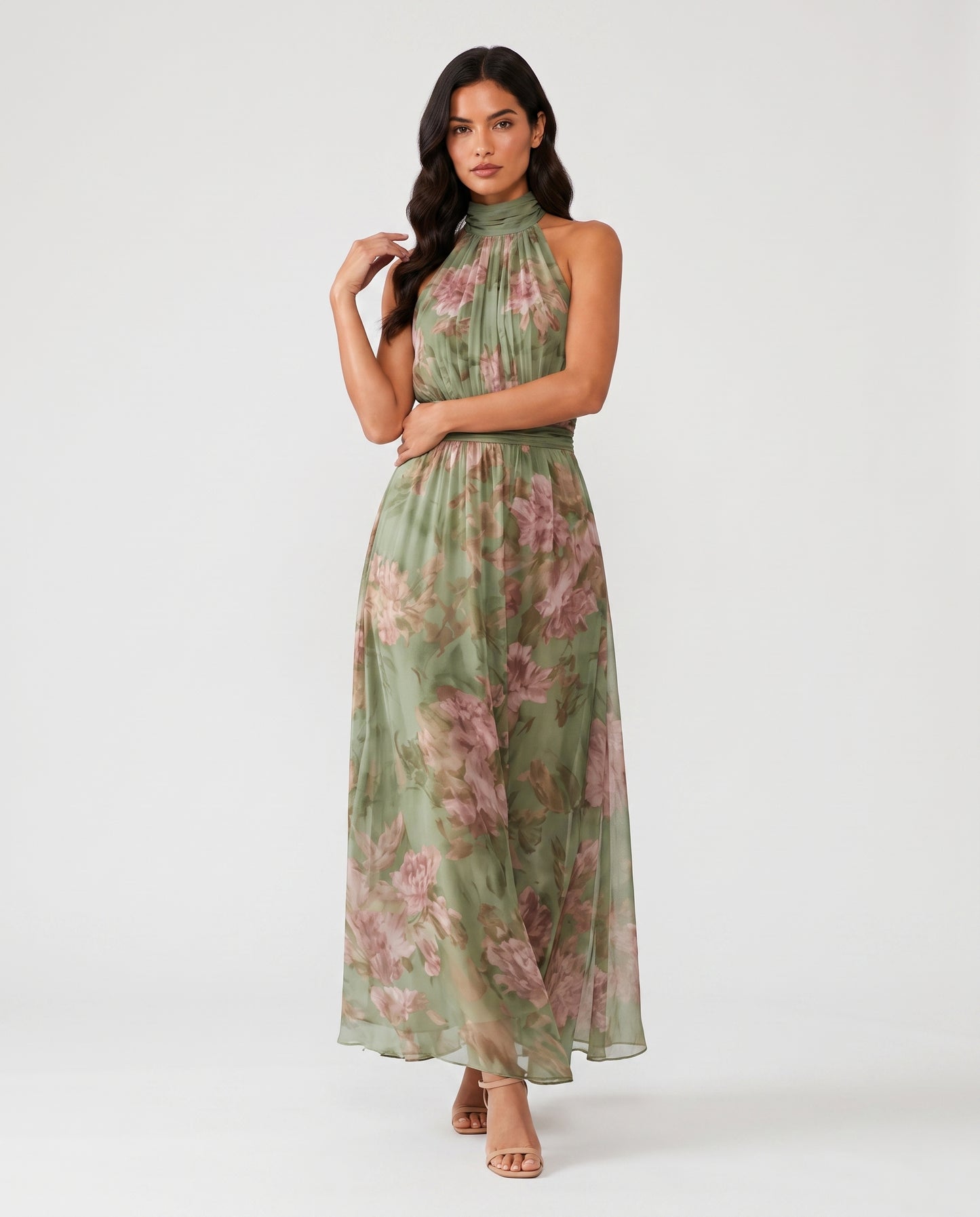 Virelle | Robe Femme Midi À Col Halter Plissée Fleurie