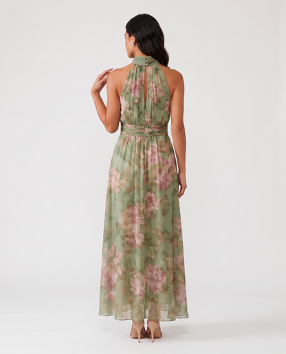 Virelle | Robe Femme Midi À Col Halter Plissée Fleurie