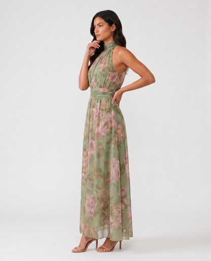 Virelle | Robe Femme Midi À Col Halter Plissée Fleurie