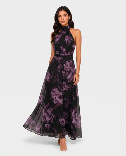 Virelle | Robe Femme Midi À Col Halter Plissée Fleurie