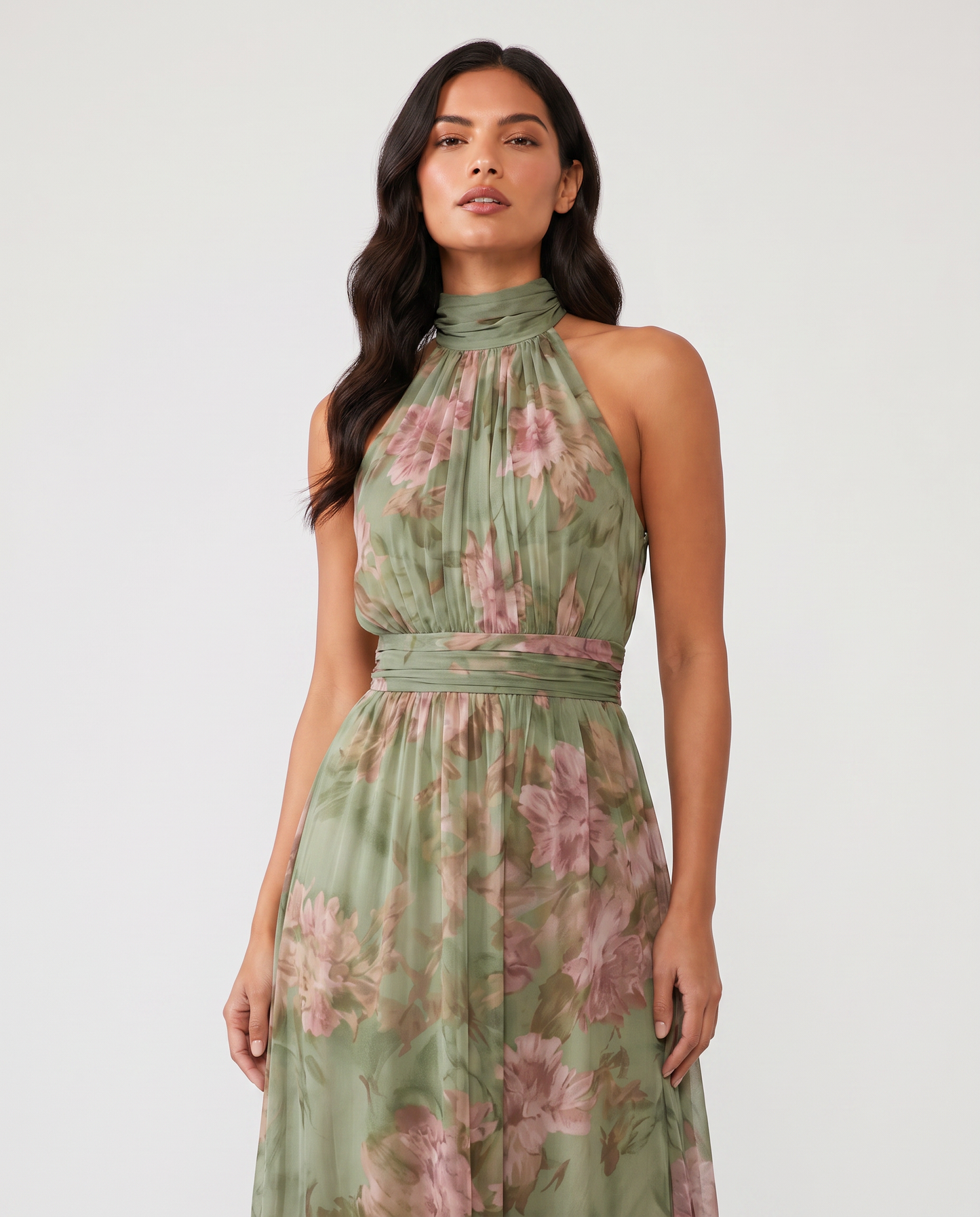 Virelle | Robe Femme Midi À Col Halter Plissée Fleurie