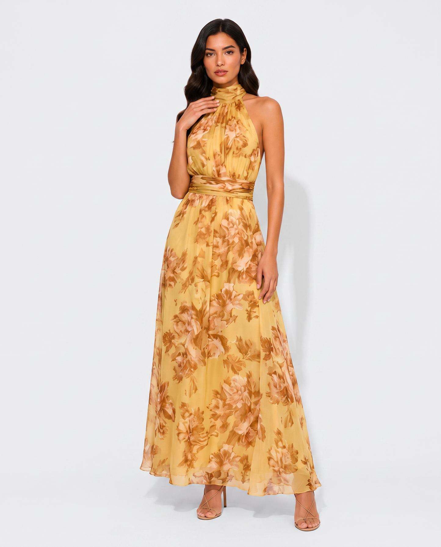 Virelle | Robe Femme Midi À Col Halter Plissée Fleurie
