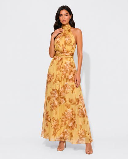 Virelle | Robe Femme Midi À Col Halter Plissée Fleurie
