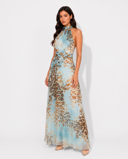 Virelle | Robe Maxi Femme À Col Halter Imprimé Léopard Bleu