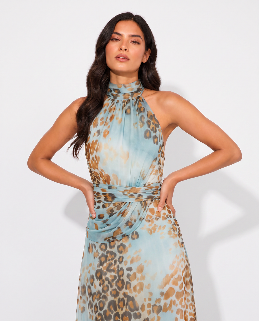 Virelle | Robe Maxi Femme À Col Halter Imprimé Léopard Bleu