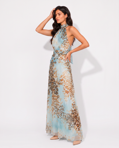 Virelle | Robe Maxi Femme À Col Halter Imprimé Léopard Bleu