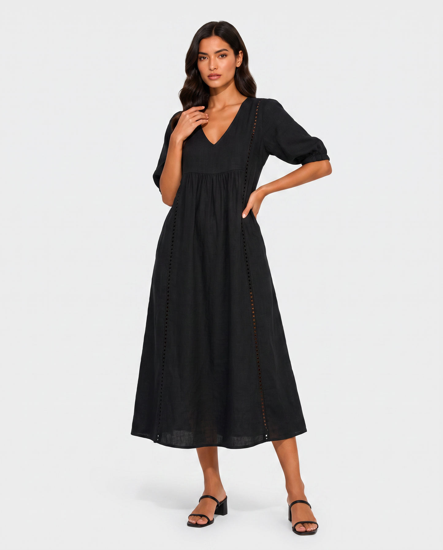 Virelle | Robe Femme En Dentelle À Col V Manches 3/4