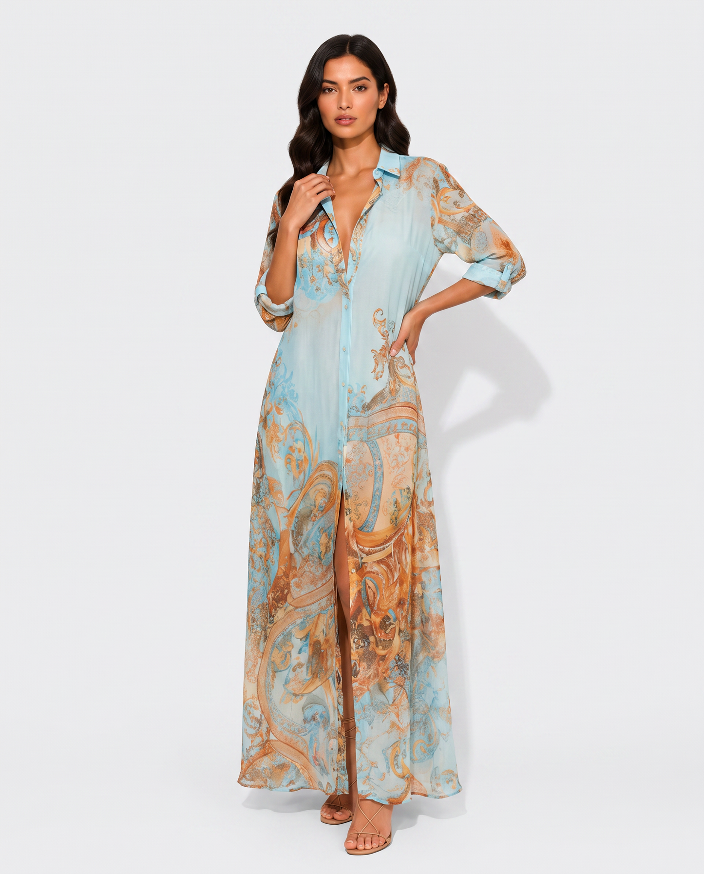 Virelle | Robe Chemise Femme Maxi Imprimée À Boutons Frontaux