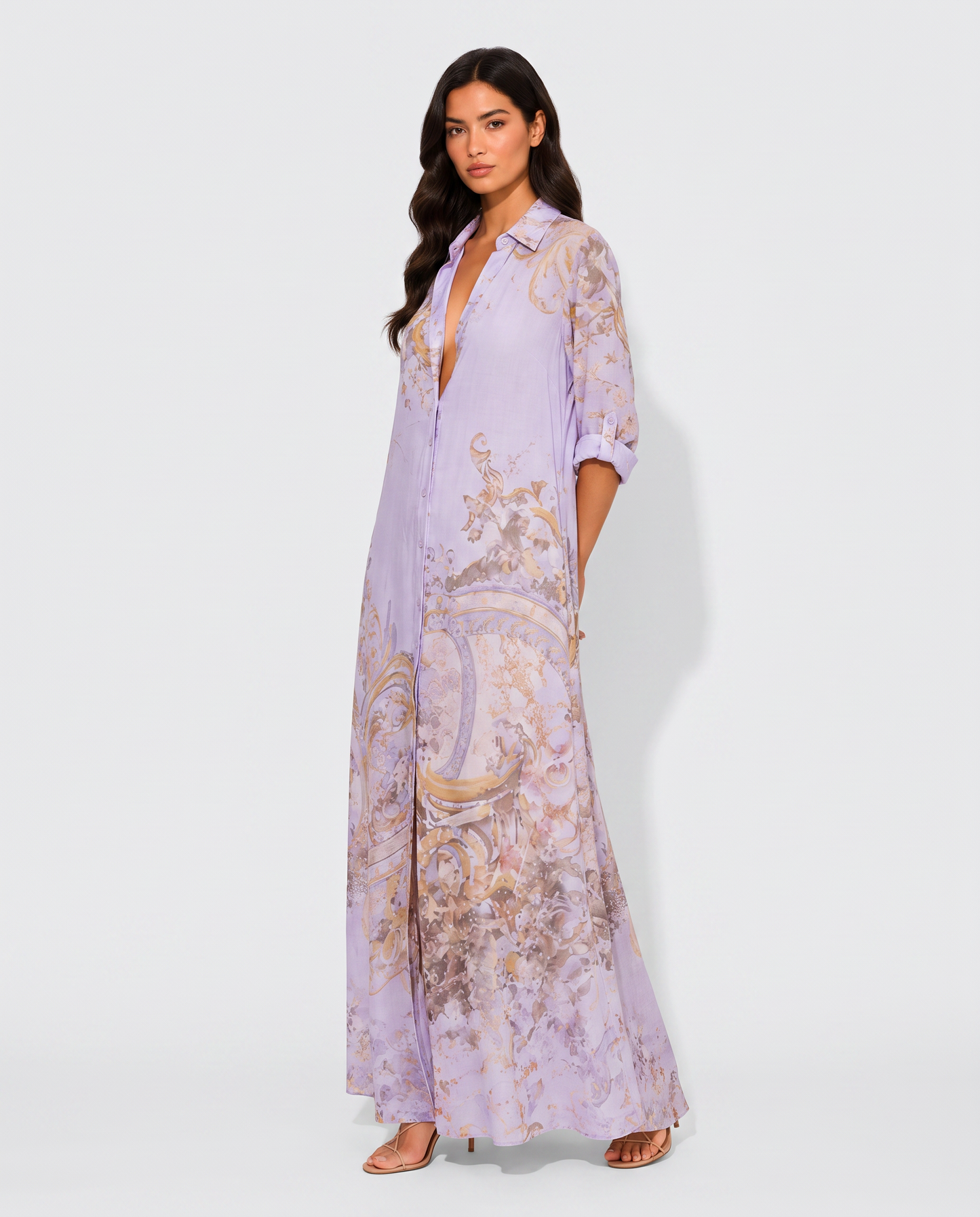 Virelle | Robe Chemise Femme Maxi Imprimée À Boutons Frontaux
