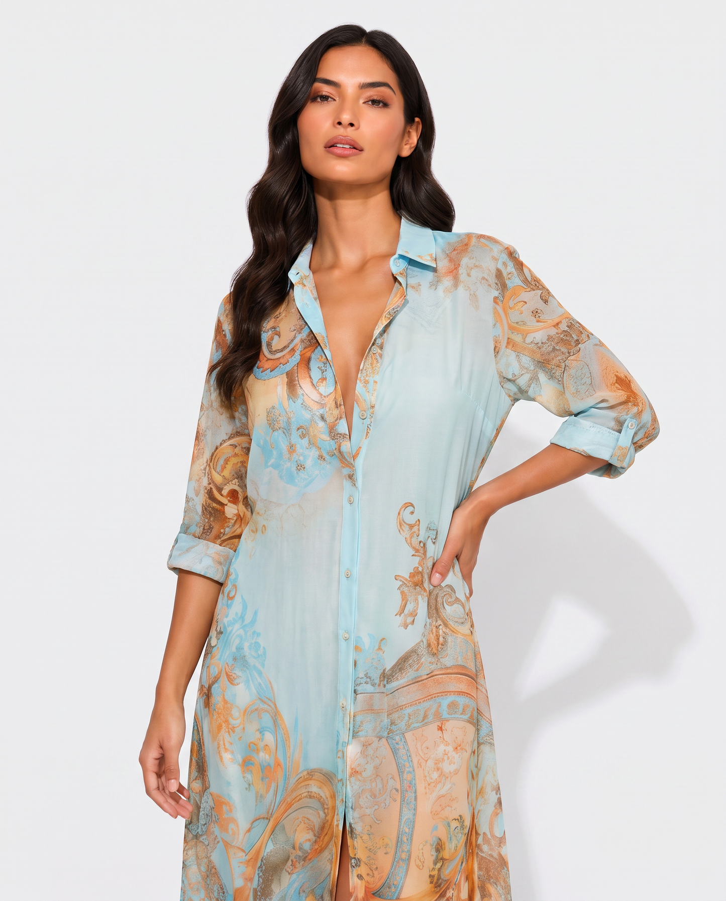 Virelle | Robe Chemise Femme Maxi Imprimée À Boutons Frontaux