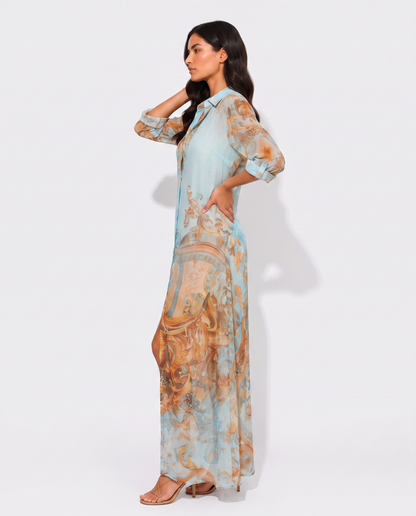 Virelle | Robe Chemise Femme Maxi Imprimée À Boutons Frontaux