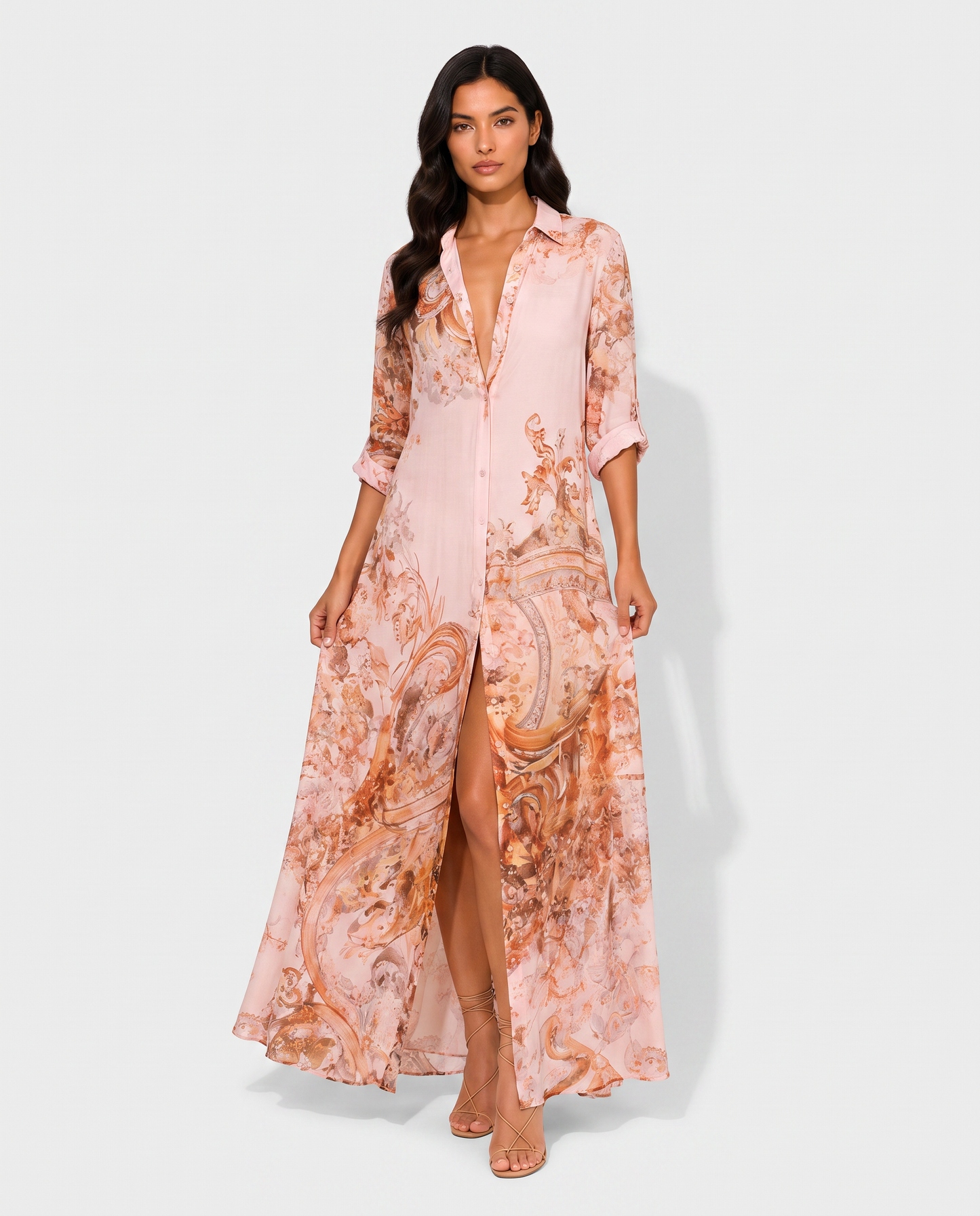 Virelle | Robe Chemise Femme Maxi Imprimée À Boutons Frontaux