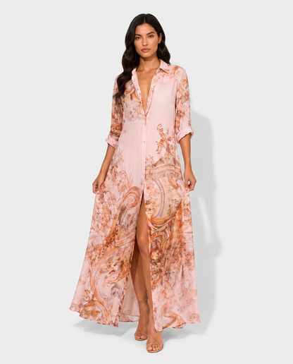 Virelle | Robe Chemise Femme Maxi Imprimée À Boutons Frontaux