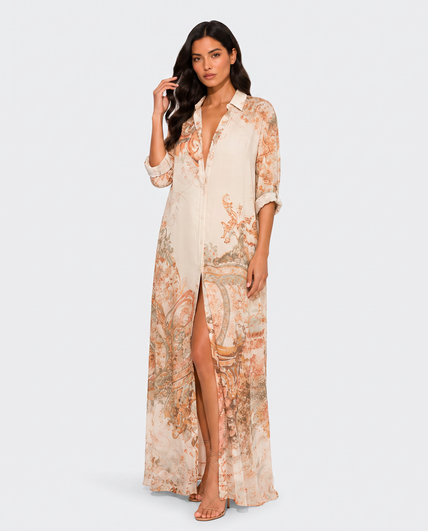 Virelle | Robe Chemise Femme Maxi Imprimée À Boutons Frontaux