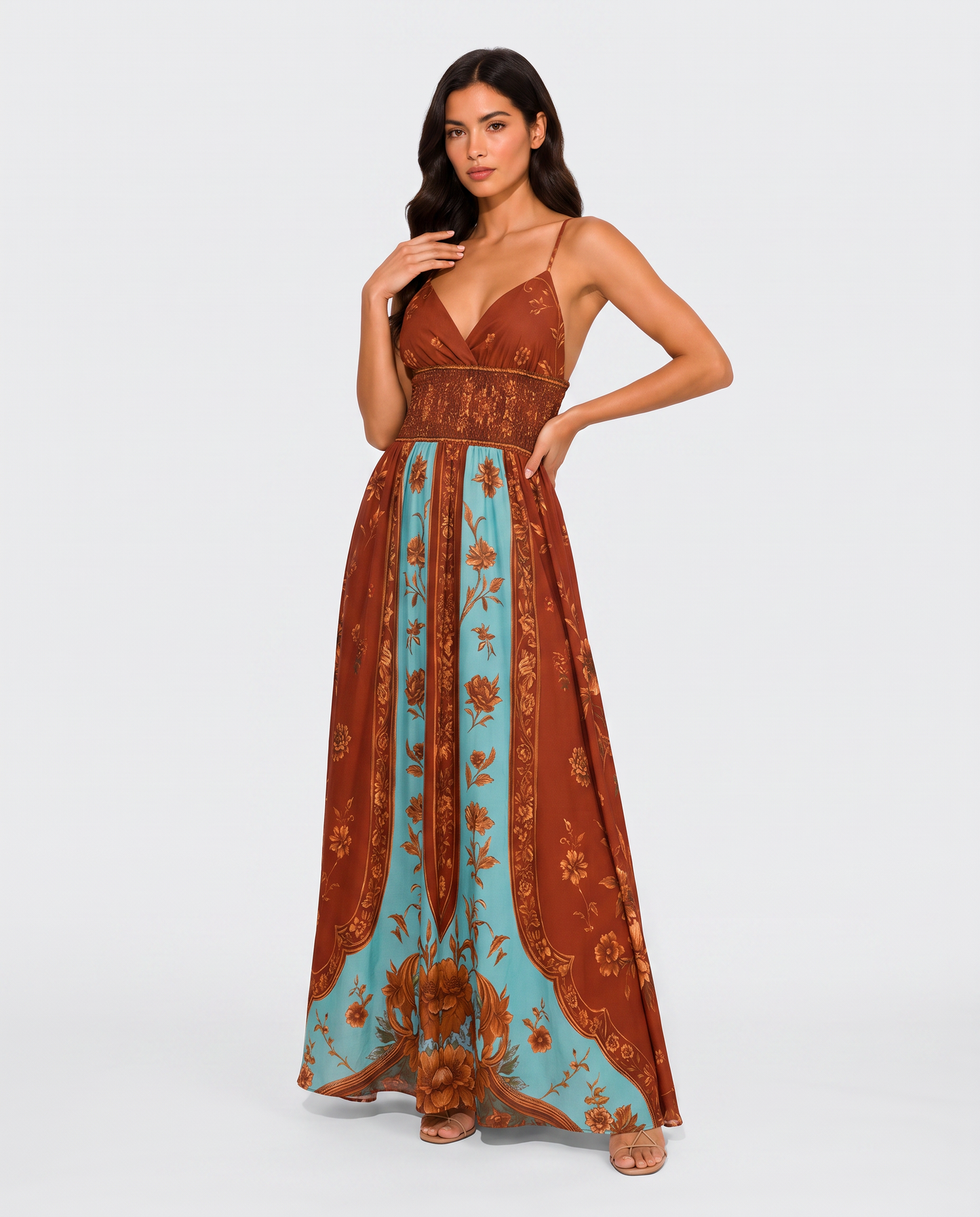 Virelle | Robe Femme Longue Bohème Imprimée À Col V