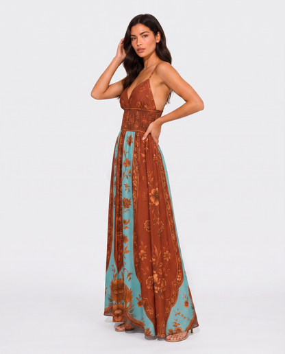 Virelle | Robe Femme Longue Bohème Imprimée À Col V