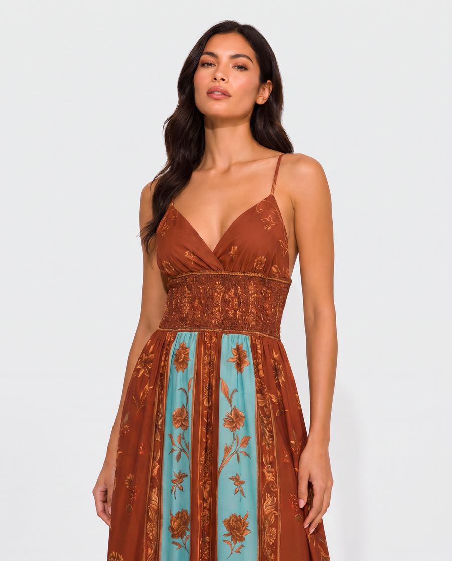 Virelle | Robe Femme Longue Bohème Imprimée À Col V