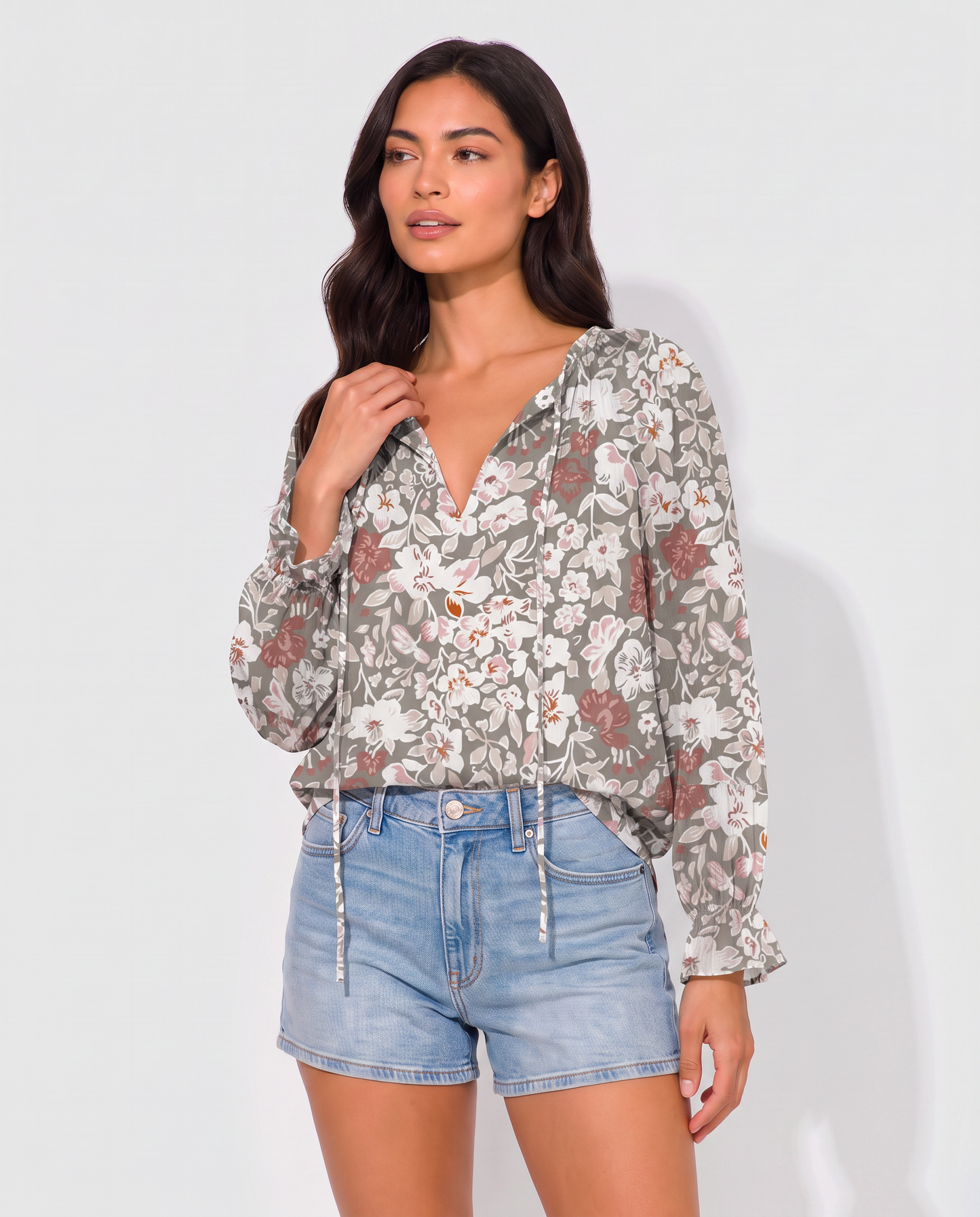 Virelle | Blouse Fleurie À Col En V Et Manches Longues