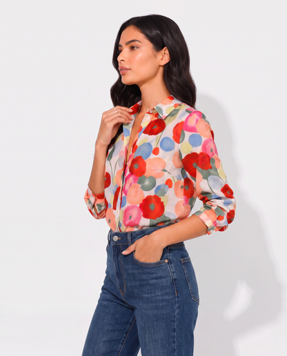 Virelle | Blouse Fleurie Boutonnée À Manches Longues