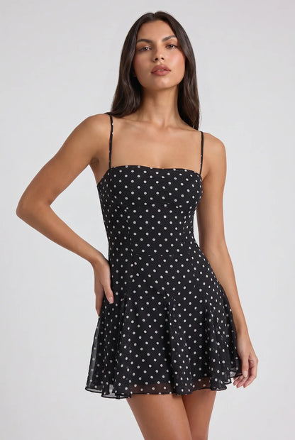 Virelle | Robe À Pois Avec Bustier Froncé Et Jupe À Godets