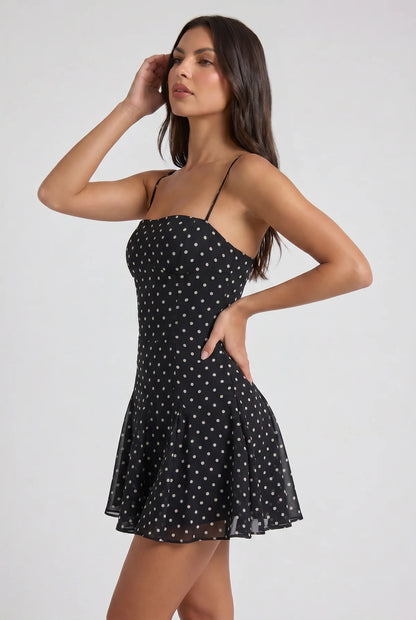 Virelle | Robe À Pois Avec Bustier Froncé Et Jupe À Godets