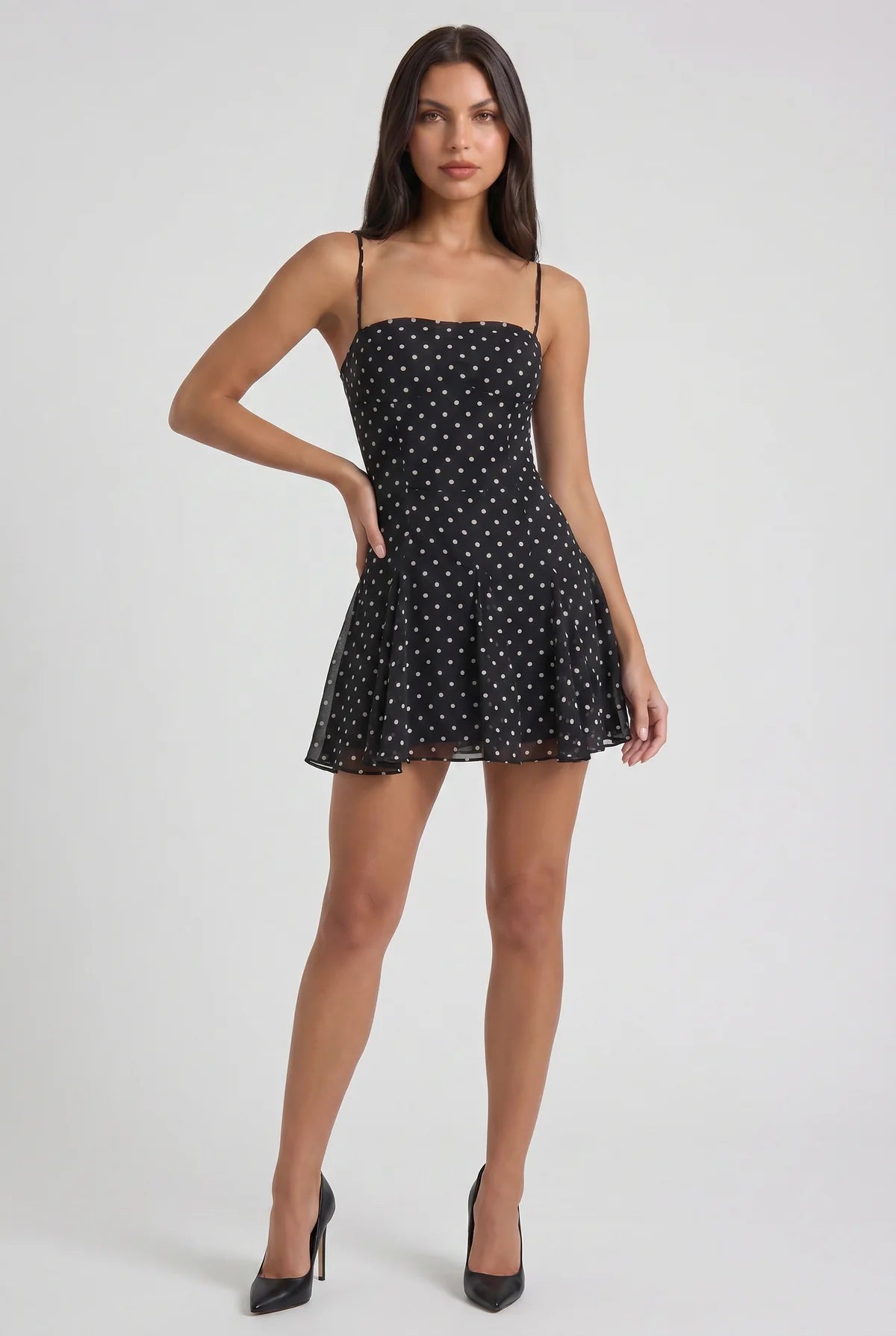 Virelle | Robe À Pois Avec Bustier Froncé Et Jupe À Godets