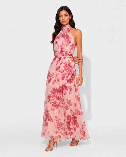 Virelle | Robe Femme Midi À Col Halter Plissée Fleurie
