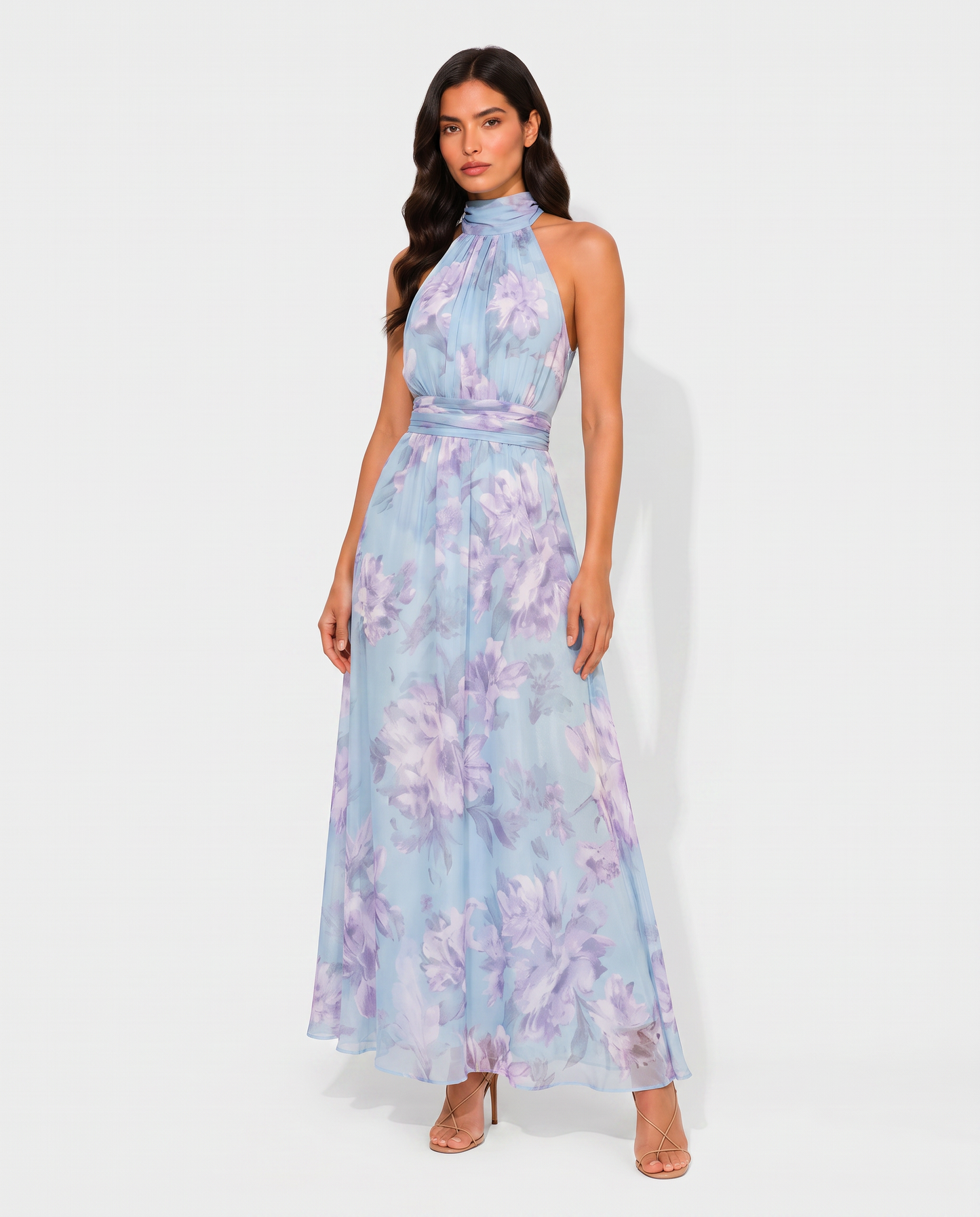 Virelle | Robe Femme Midi À Col Halter Plissée Fleurie