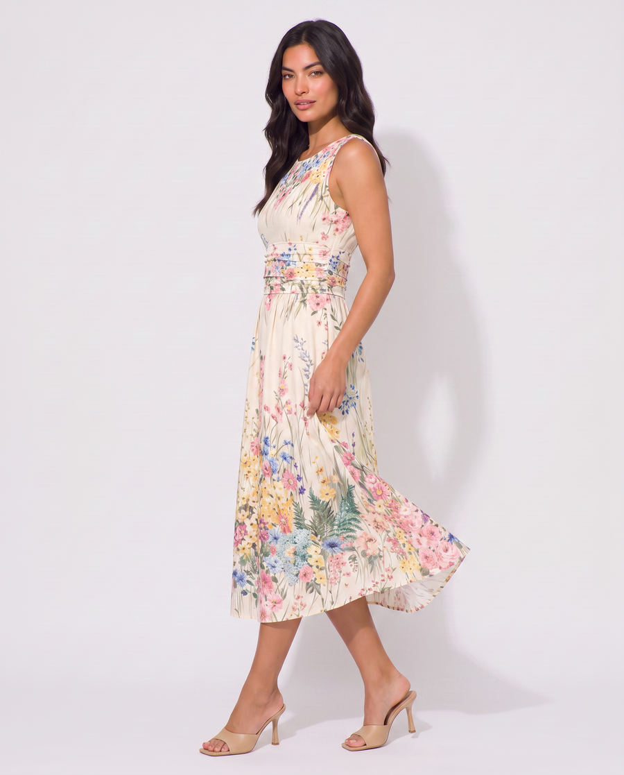 Virelle | Robe Midi Fleurie Sans Manches