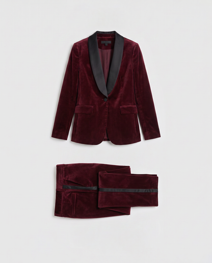 Virelle | Tailleur Tuxedo Femme 2 Pièces en Velours Bordeaux