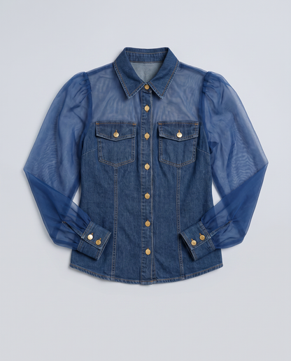 Virelle | Chemisier Femme Look Denim à Manches Transparentes
