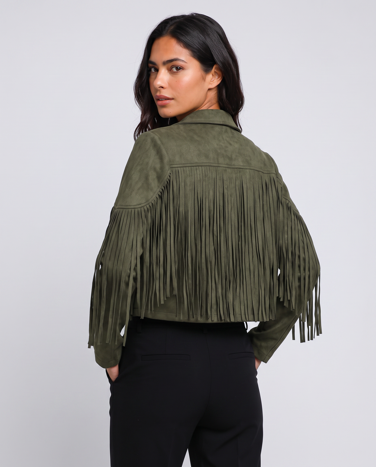 Virelle | Veste Femme Croppée à Franges en Suédine