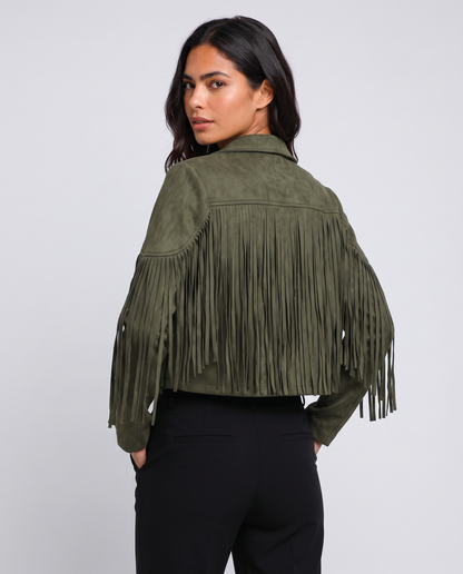 Virelle | Veste Femme Croppée à Franges en Suédine
