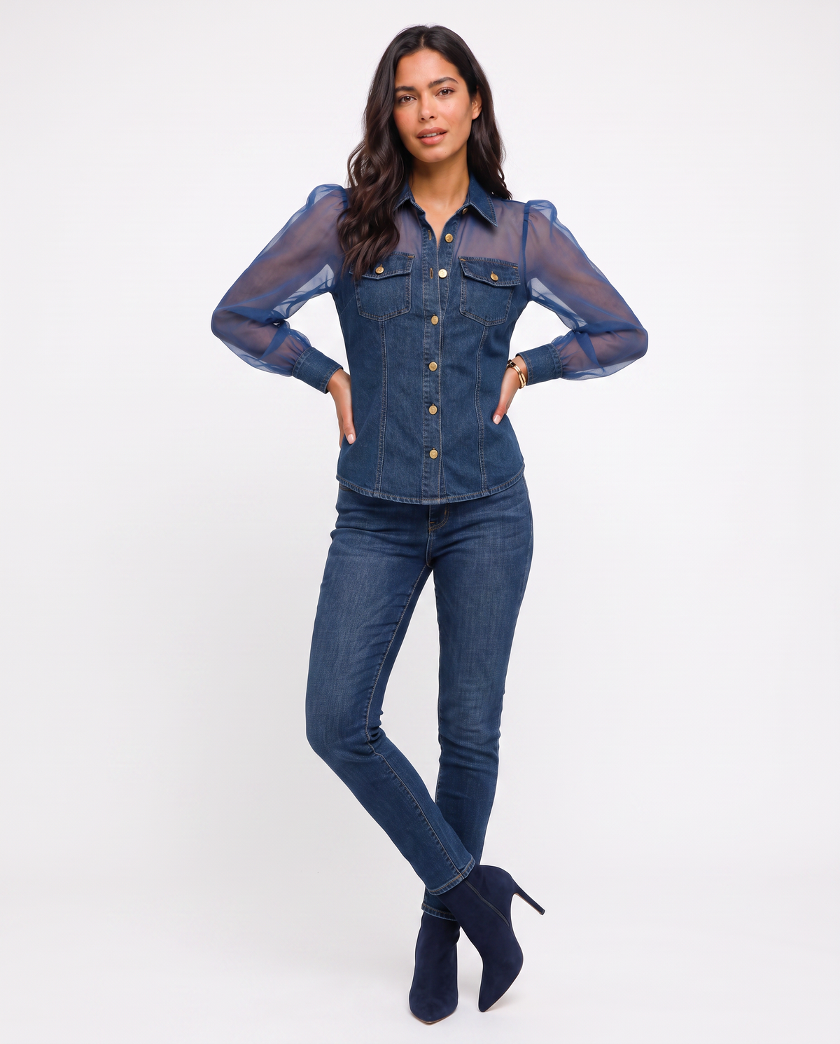Virelle | Chemisier Femme Look Denim à Manches Transparentes