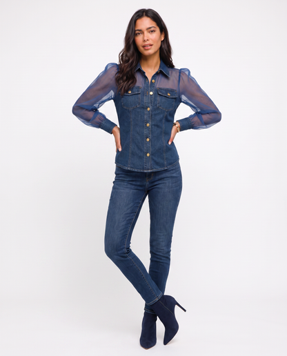 Virelle | Chemisier Femme Look Denim à Manches Transparentes