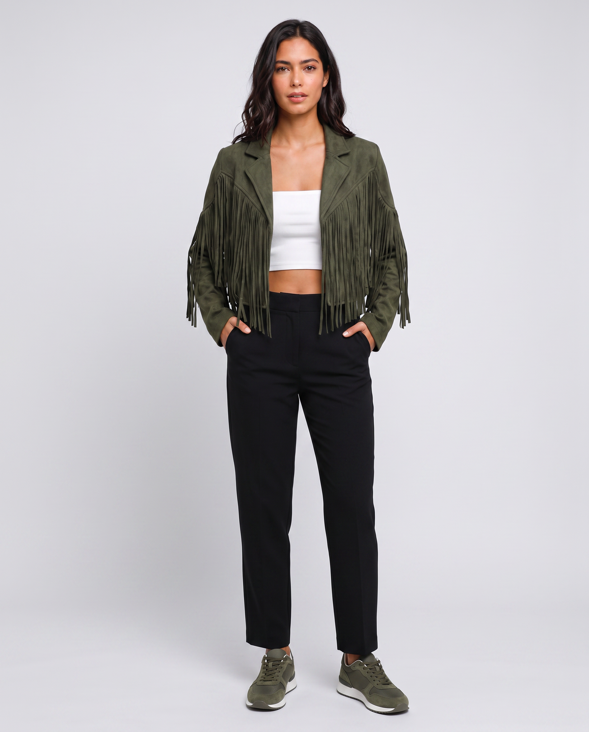 Virelle | Veste Femme Croppée à Franges en Suédine