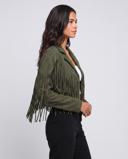 Virelle | Veste Femme Croppée à Franges en Suédine