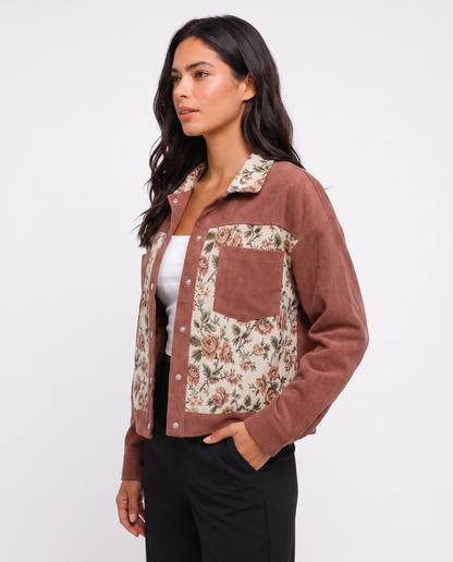 Virelle | Veste Chemise Femme Côtelée à Patchs Floraux