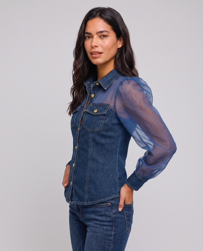 Virelle | Chemisier Femme Look Denim à Manches Transparentes